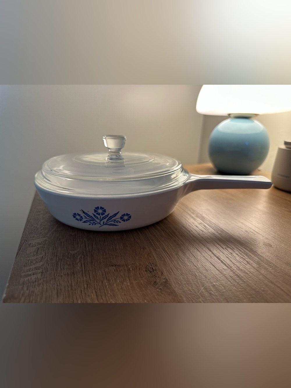 Blue Floral White Skillet with Glass Lid